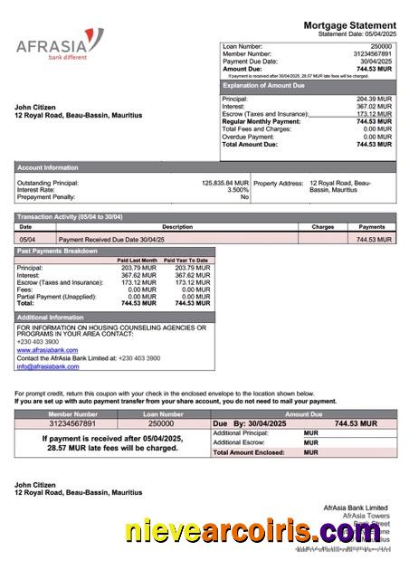Mauritius AfrAsia Bank Limited mortgage statement Word and PDF template